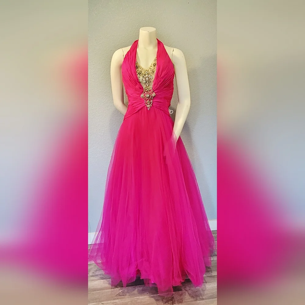 Terani Couture Fushia Halter Gown Dress S10 With Nude Push Up And Garment Bag - Picture 14 of 16